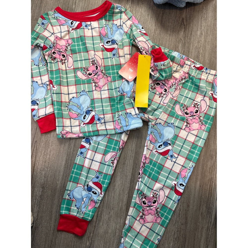 Disney Girls Stitch Angel Christmas Plaid Pajama Set Size 6 NEW Holiday PJs